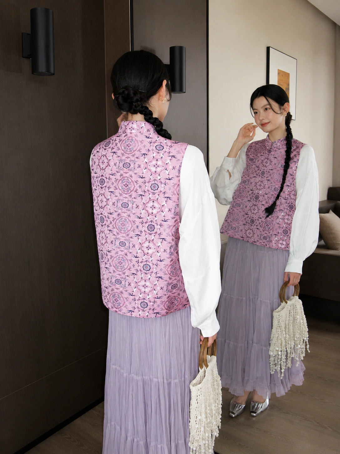 Back view of a dusty lavender Chinese-style mulberry silk vest with an all-over Bao Xiang floral design.