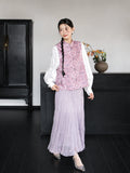 Full-body view of a 100% mulberry silk Chinese vest in dusty lavender, styled with a pale lavender tiered skirt.