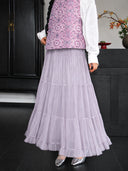 Close-up of the dusty lavender silk vest with an intricate repeating Bao Xiang floral pattern.