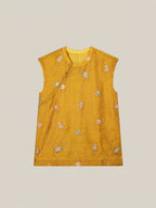 Women's golden mulberry silk vest with floral embroidery and modern Chinese inspired sleeveless design