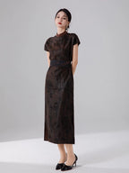 Elegant full-length mulberry silk jacquard dress with a stand collar and flowing straight silhouette.