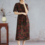 Vintage floral reversible silk dress styled with a removable tie belt at the waist