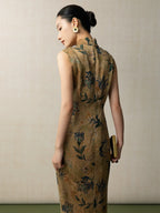 Back view of a sleeveless mulberry silk qipao dress with floral print