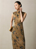 Woman wearing a sleeveless floral mulberry silk qipao dress with mandarin collar by Gambiered Silk