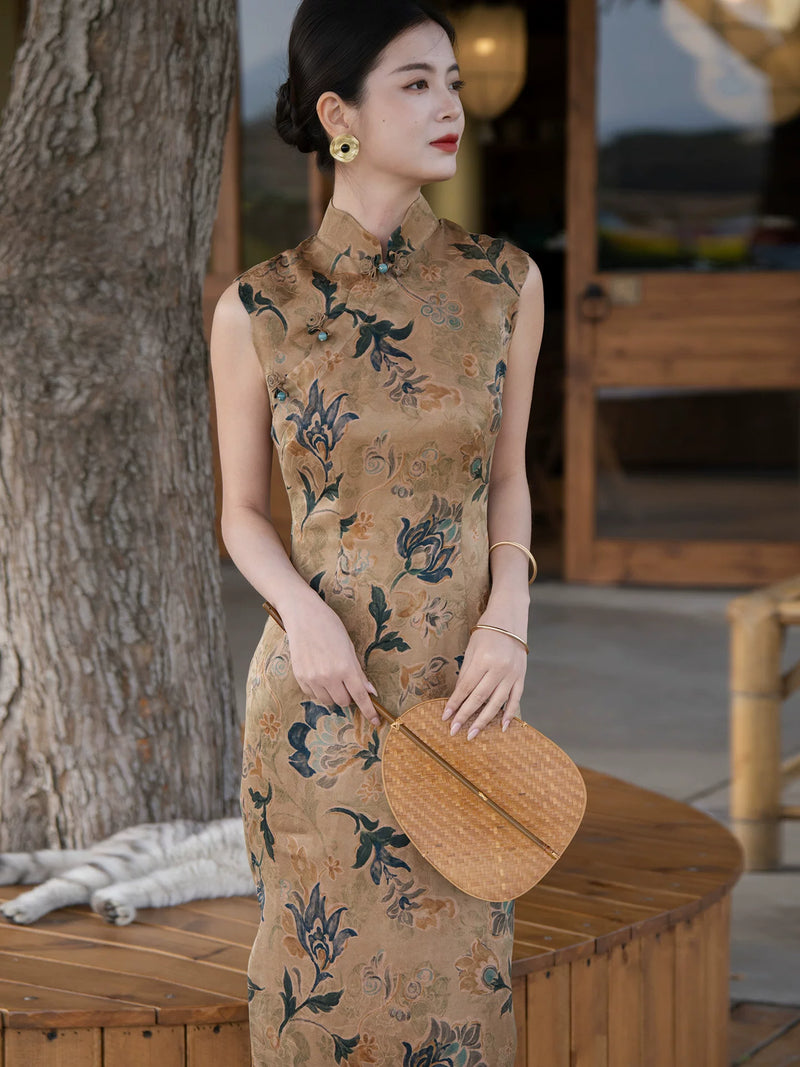Floral Silk Qipao Dress – Modern Sleeveless Mulberry Silk Cheongsam