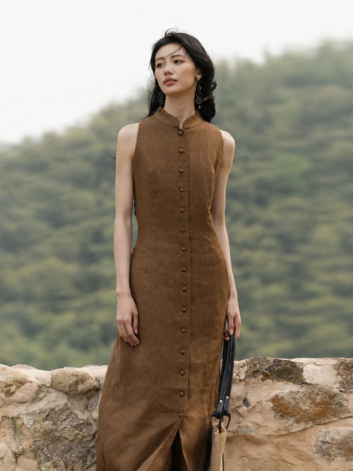 Gambiered Silk women's 100% linen sleeveless mandarin collar maxi dress front view