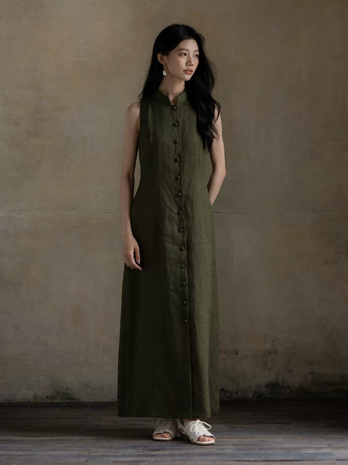 Full-length olive green linen sleeveless dress with mandarin collar