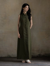 Full-length olive green linen sleeveless dress with mandarin collar