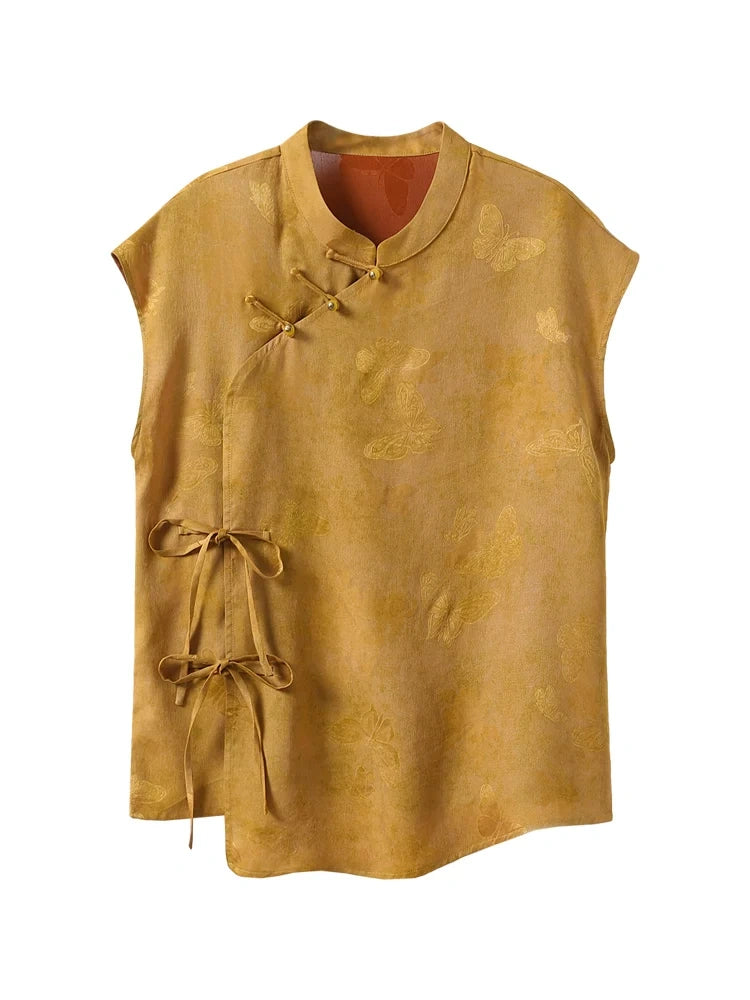 Gambiered Silk antique-gold mulberry silk top with tonal butterfly jacquard, Mandarin collar and side ribbon ties.