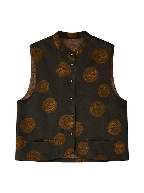 Front product view of a dark silk-blend Chinese vest featuring antique-gold botanical medallions and two welt pockets.