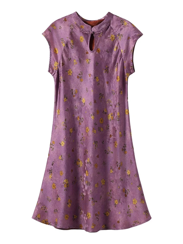 Gambiered Silk antique-orchid mulberry silk dress with golden floral motifs and a Mandarin collar.