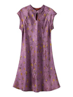 Gambiered Silk antique-orchid mulberry silk dress with golden floral motifs and a Mandarin collar.