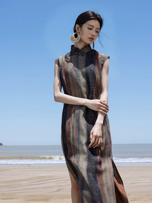 Elegant 100% Mulberry Silk maxi dress with artistic stripe print