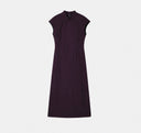 Front view of an aubergine gambiered silk qipao dress with cap sleeves and a Mandarin collar.