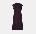 Front view of an aubergine gambiered silk qipao dress with cap sleeves and a Mandarin collar.