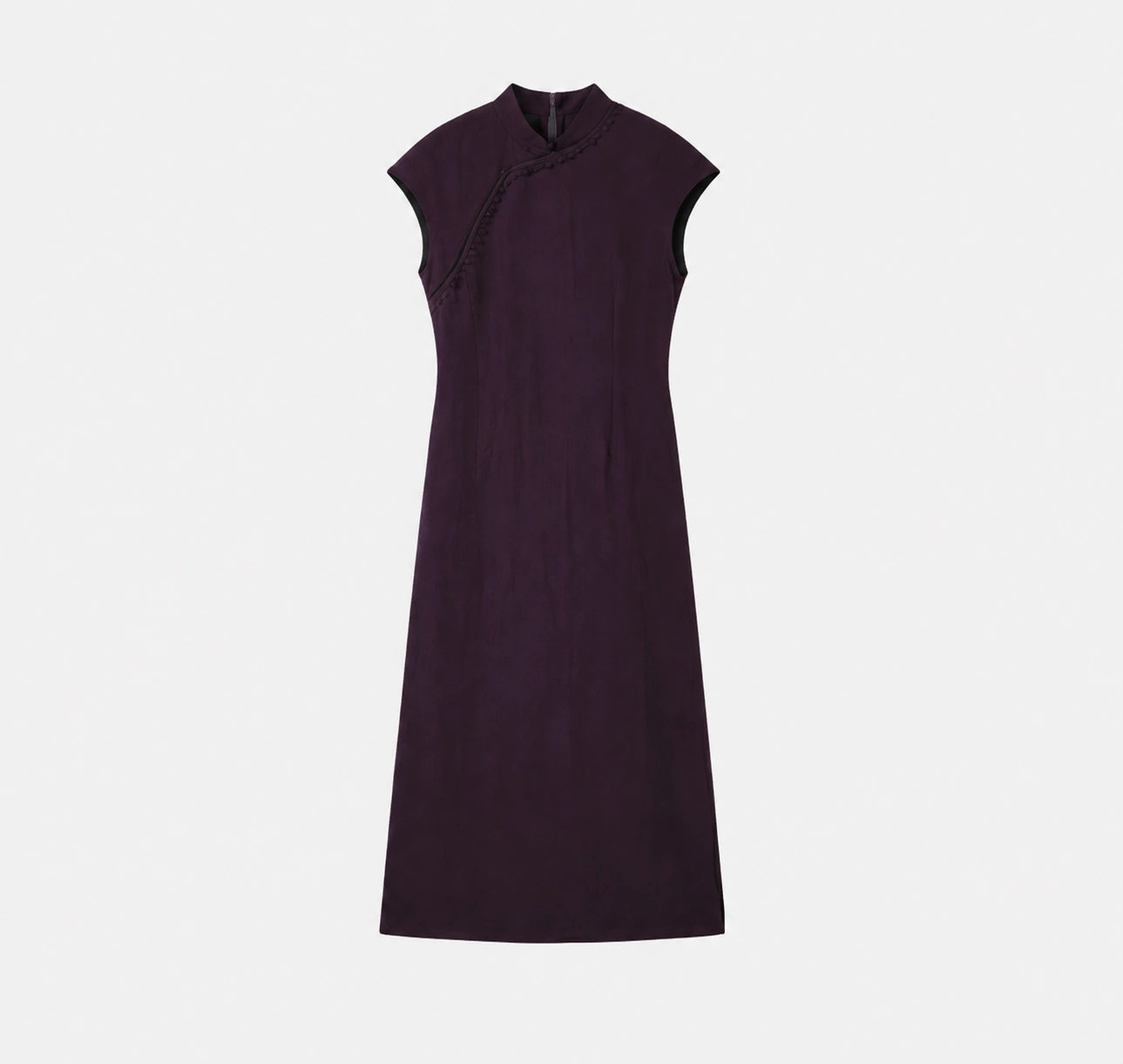 Front view of an aubergine gambiered silk qipao dress with cap sleeves and a Mandarin collar.