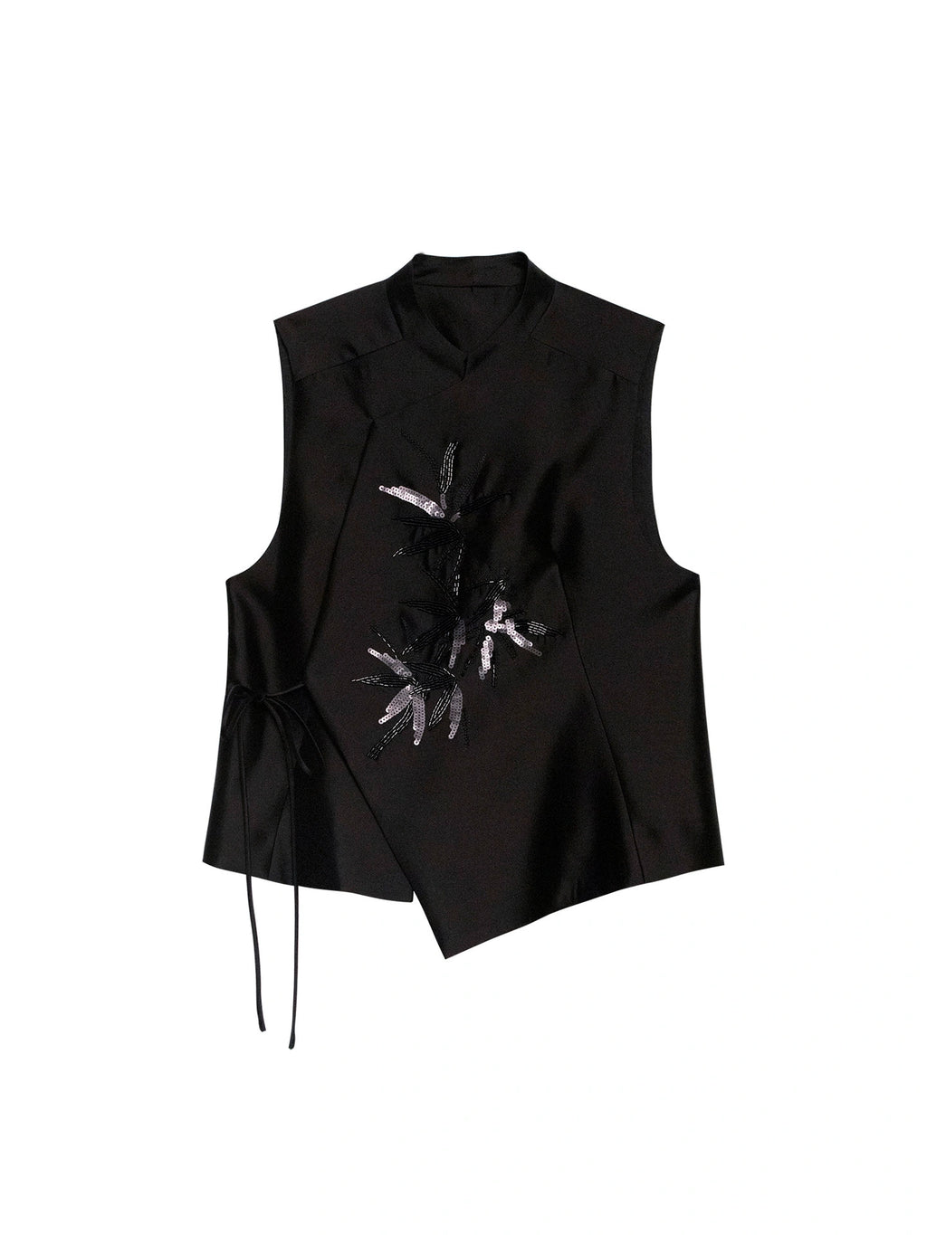 Black asymmetric wool and mulberry silk vest with a stand collar, concealed closure and beaded bamboo motif
