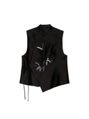 Black asymmetric wool and mulberry silk vest with a stand collar, concealed closure and beaded bamboo motif