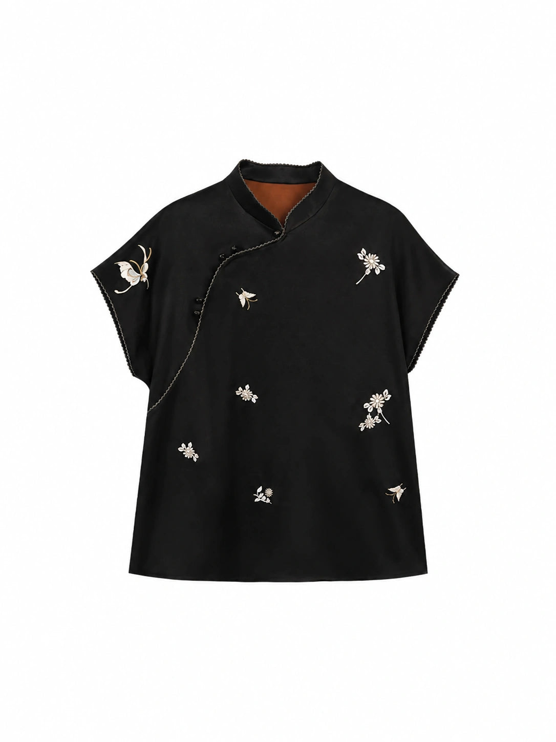 Front view of a black mulberry silk top with floral embroidery and pink piping