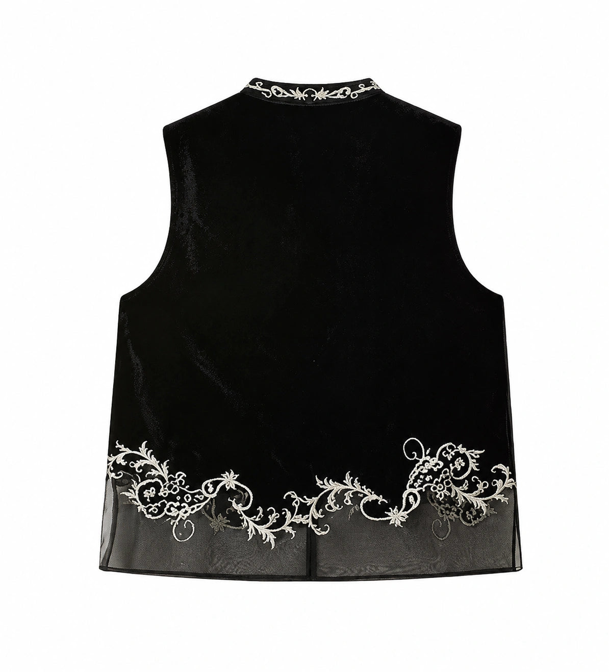 Back view of a jet-black mulberry silk velvet vest with ivory floral embroidery and a sheer paneled hem.