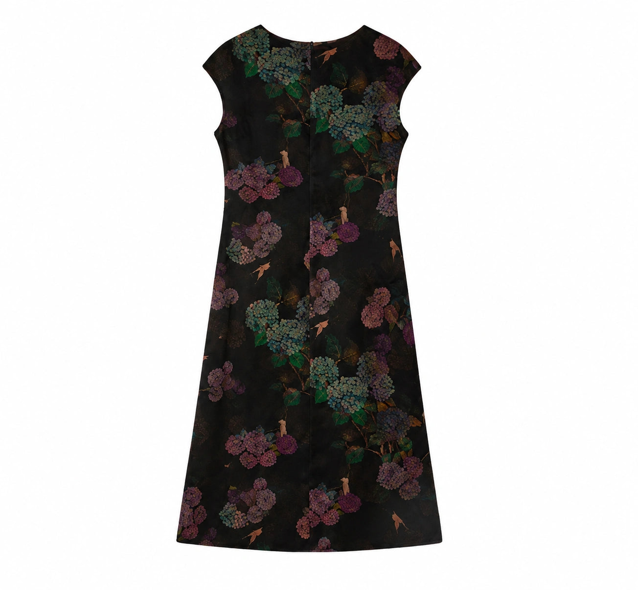 Back view of the black hydrangea mulberry silk midi dress with a concealed zipper.