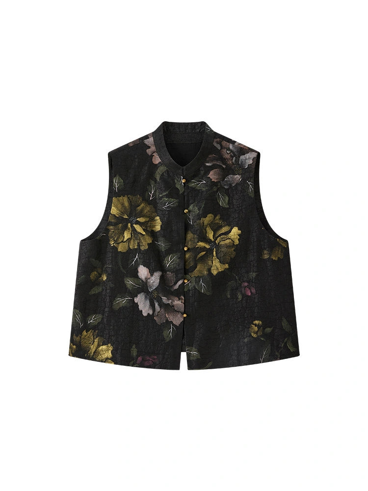 Front view of a black mulberry silk vest with hand-painted gold and mauve flowers, stand collar and gold-tone buttons.