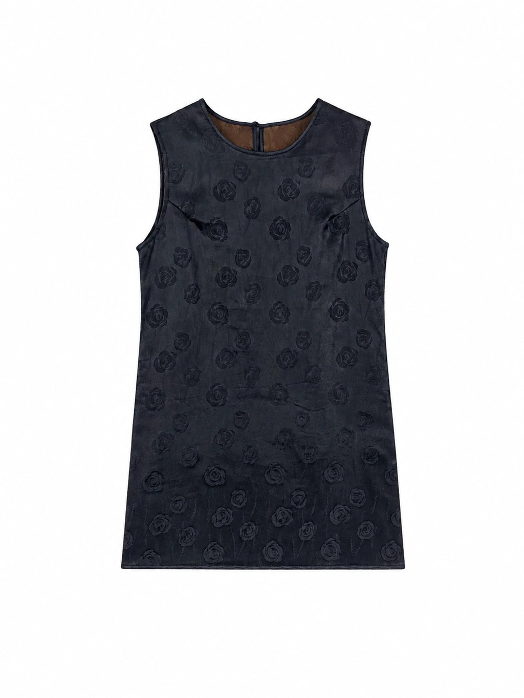 Flat lay of a black sleeveless 100% mulberry silk H-line dress with a round neckline and subtle floral jacquard pattern.