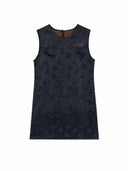 Flat lay of a black sleeveless 100% mulberry silk H-line dress with a round neckline and subtle floral jacquard pattern.