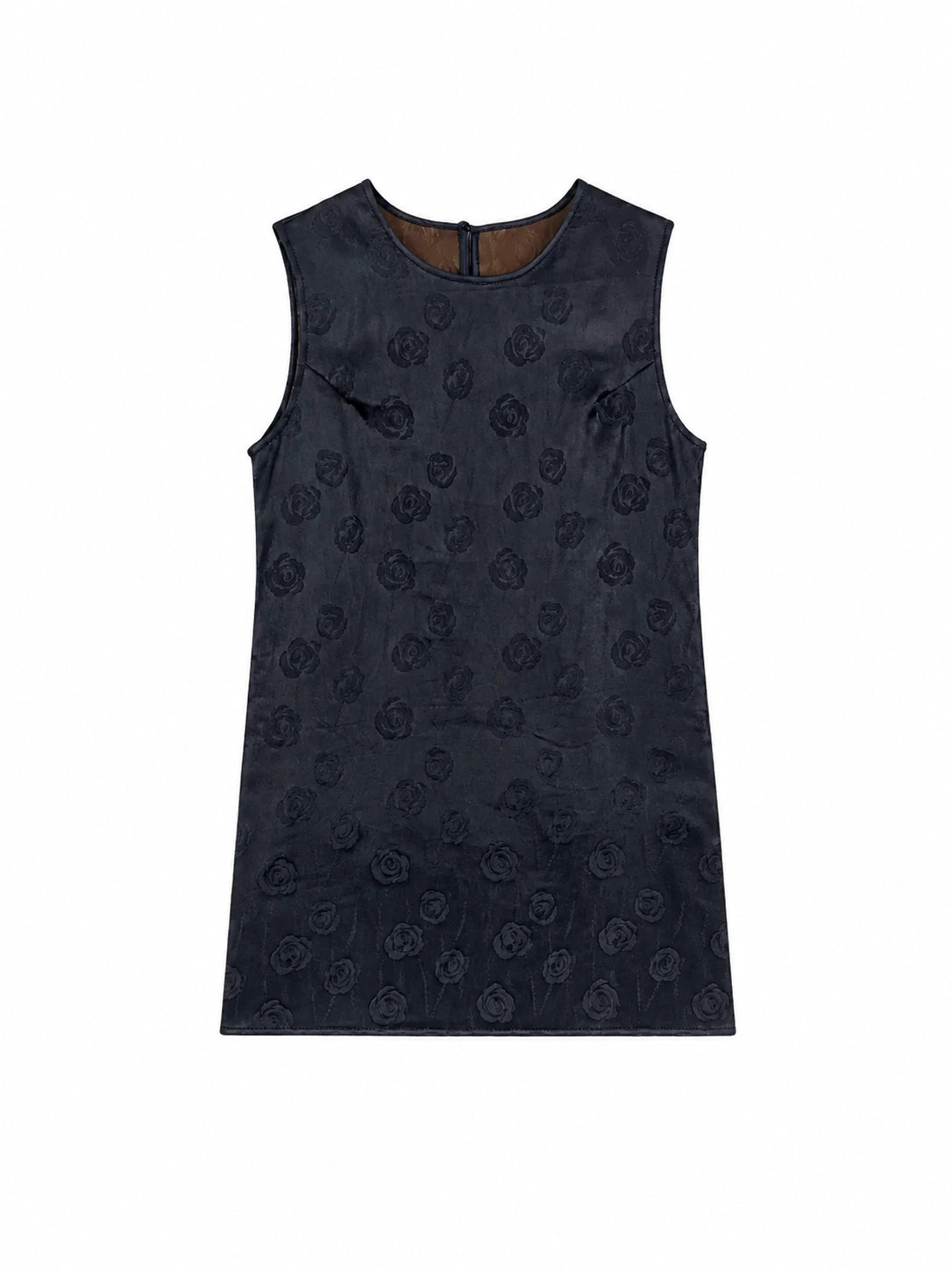 Flat lay of a black sleeveless 100% mulberry silk H-line dress with a round neckline and subtle floral jacquard pattern.