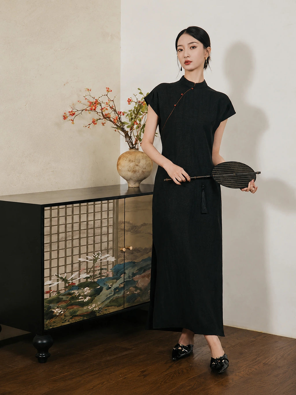 Women's black 100% mulberry silk Mandarin collar maxi dress with cap sleeves by Gambiered Silk