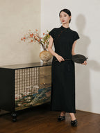 Women's black 100% mulberry silk Mandarin collar maxi dress with cap sleeves by Gambiered Silk