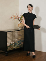 Women's black 100% mulberry silk Mandarin collar maxi dress with cap sleeves by Gambiered Silk