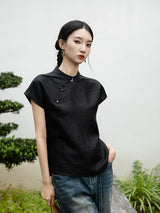 Women's black 100% mulberry silk Mandarin collar short-sleeve top by Gambiered Silk