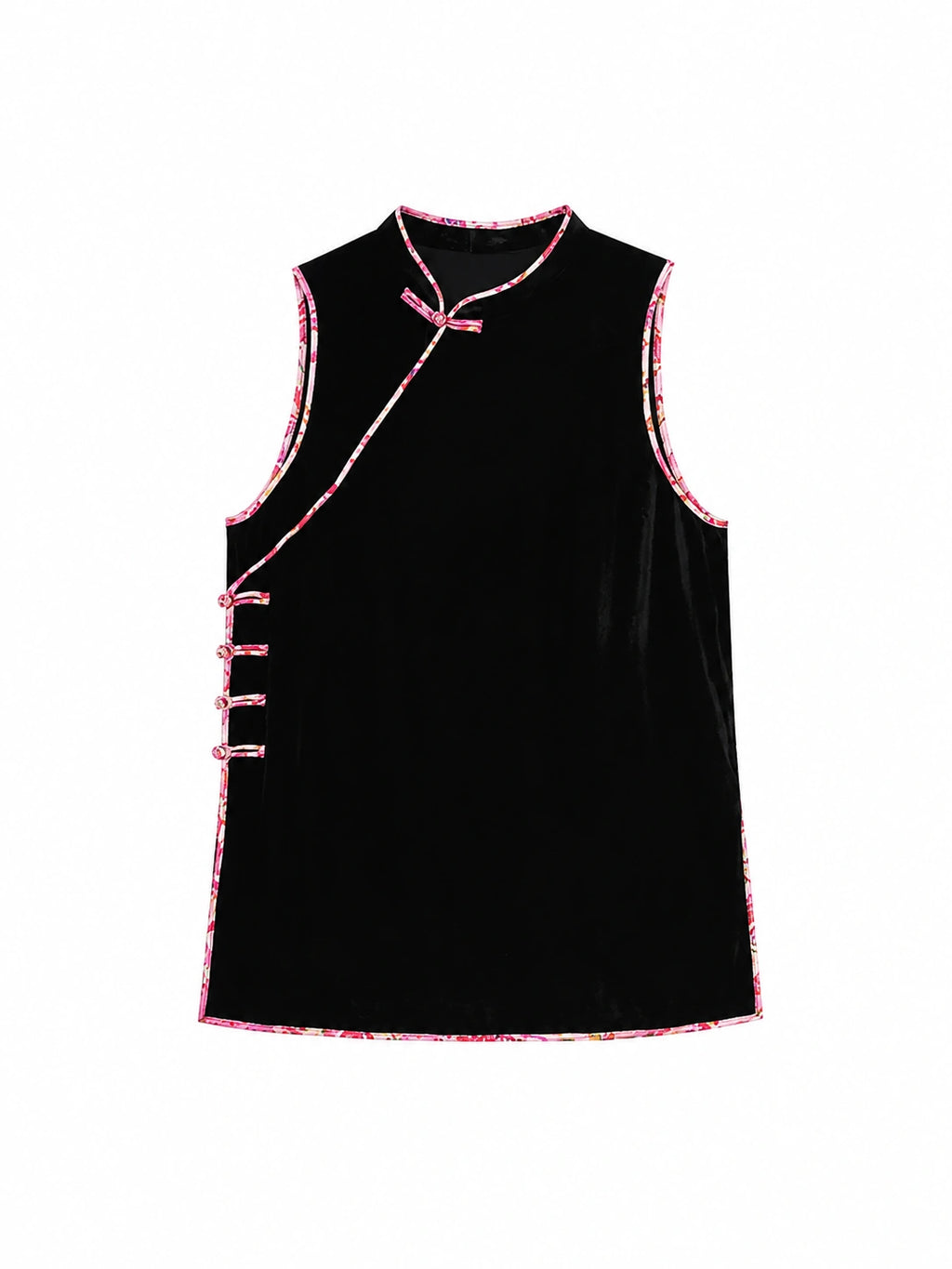 Front view of a black sleeveless tunic top with pink trim and side fastenings