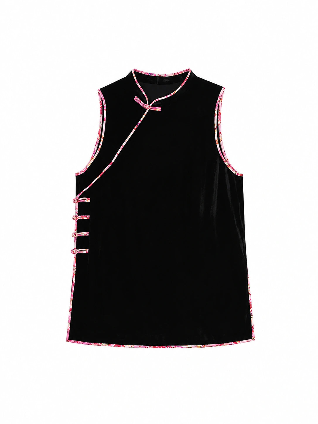 Front view of a black sleeveless tunic top with pink trim and side fastenings