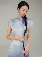 Close-up of the Gambiered Silk Lavender Sky gradient mandarin collar maxi dress with soft watercolor-inspired tones.
