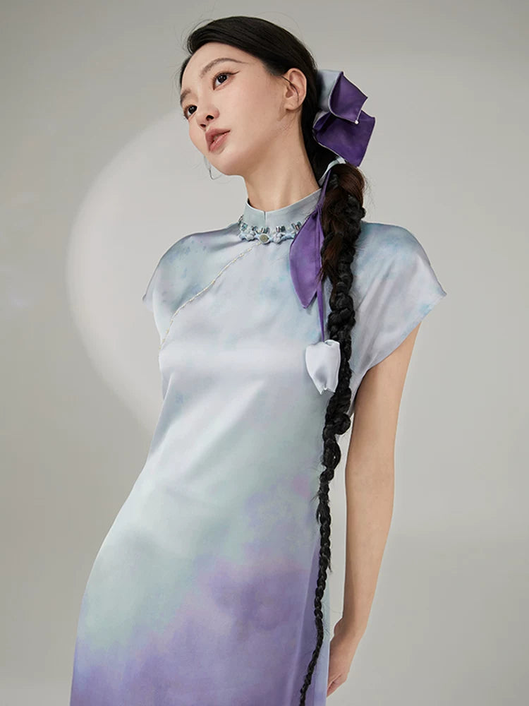 Detailed view of the Gambiered Silk Lavender Sky gradient dress highlighting the elegant drape and modern Chinese design.