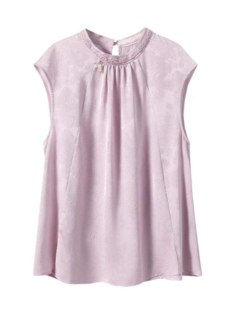 Gambiered Silk blush-lilac sleeveless jacquard top with a beaded round neckline and tonal floral motifs.