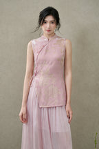 Front view of a blush-pink New Chinese vest featuring a fitted silhouette and asymmetric side-tie closure