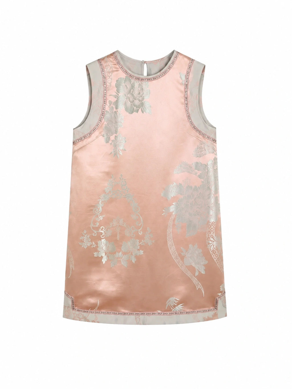 Front view of Gambiered Silk blush pink floral silk-blend sleeveless H-line dress