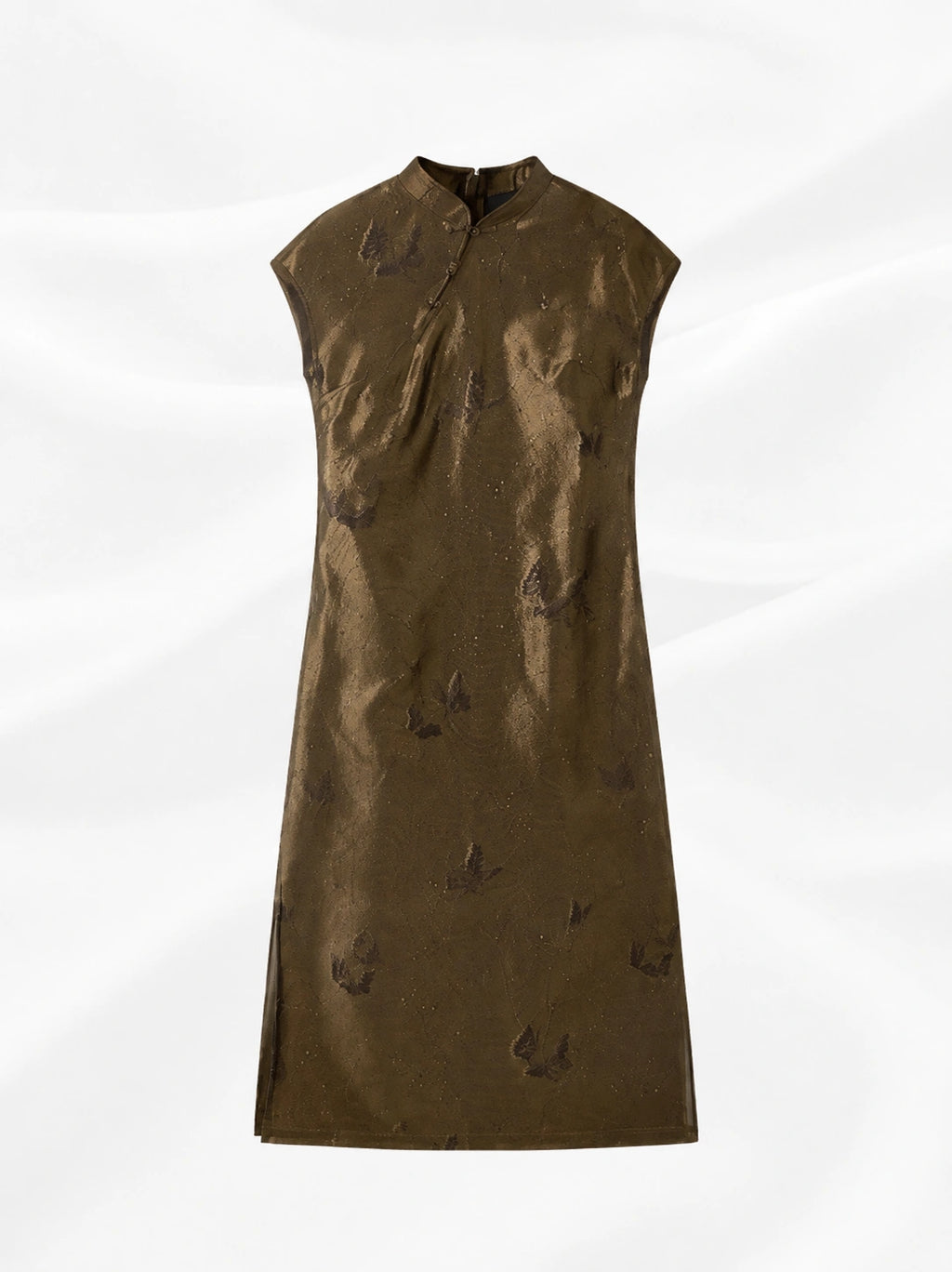 Full-length view of the bronze-brown butterfly qipao with extended shoulders and midi silhouette