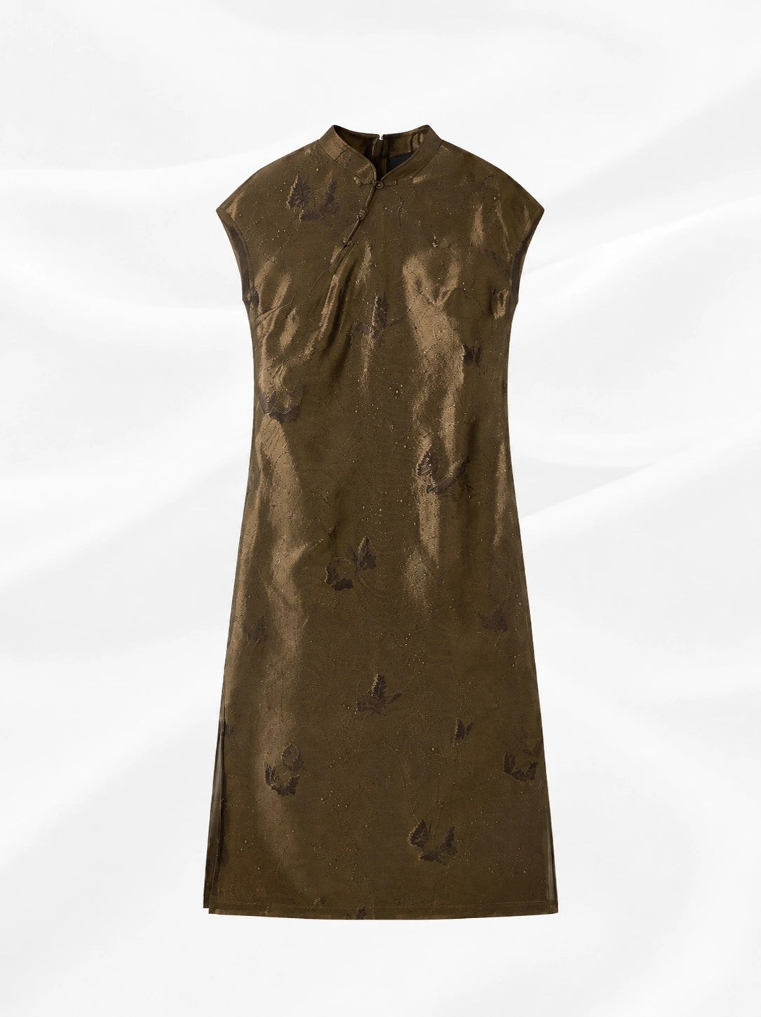 Full-length view of the bronze-brown butterfly qipao with extended shoulders and midi silhouette