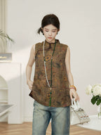 Model wearing a brown Chinese-inspired mulberry silk pullover top with a high collar