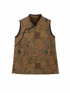 Front view of a brown patterned mulberry silk sleeveless top with a Chinese-inspired neckline