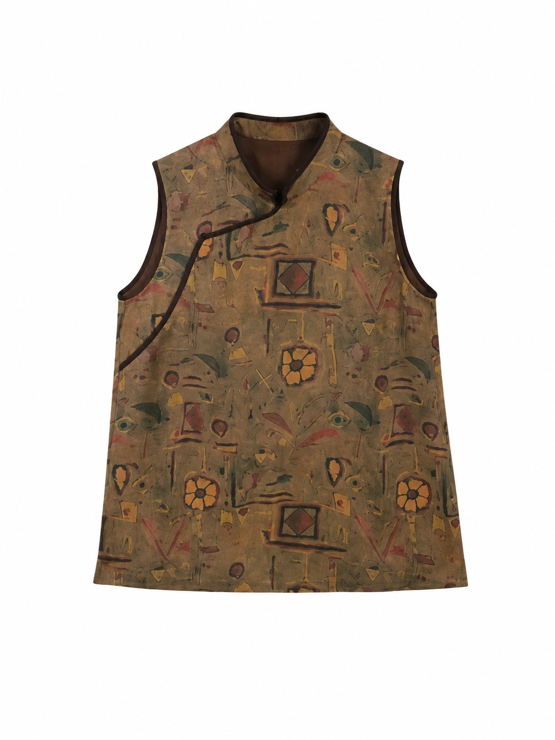 Front view of a brown patterned mulberry silk sleeveless top with a Chinese-inspired neckline