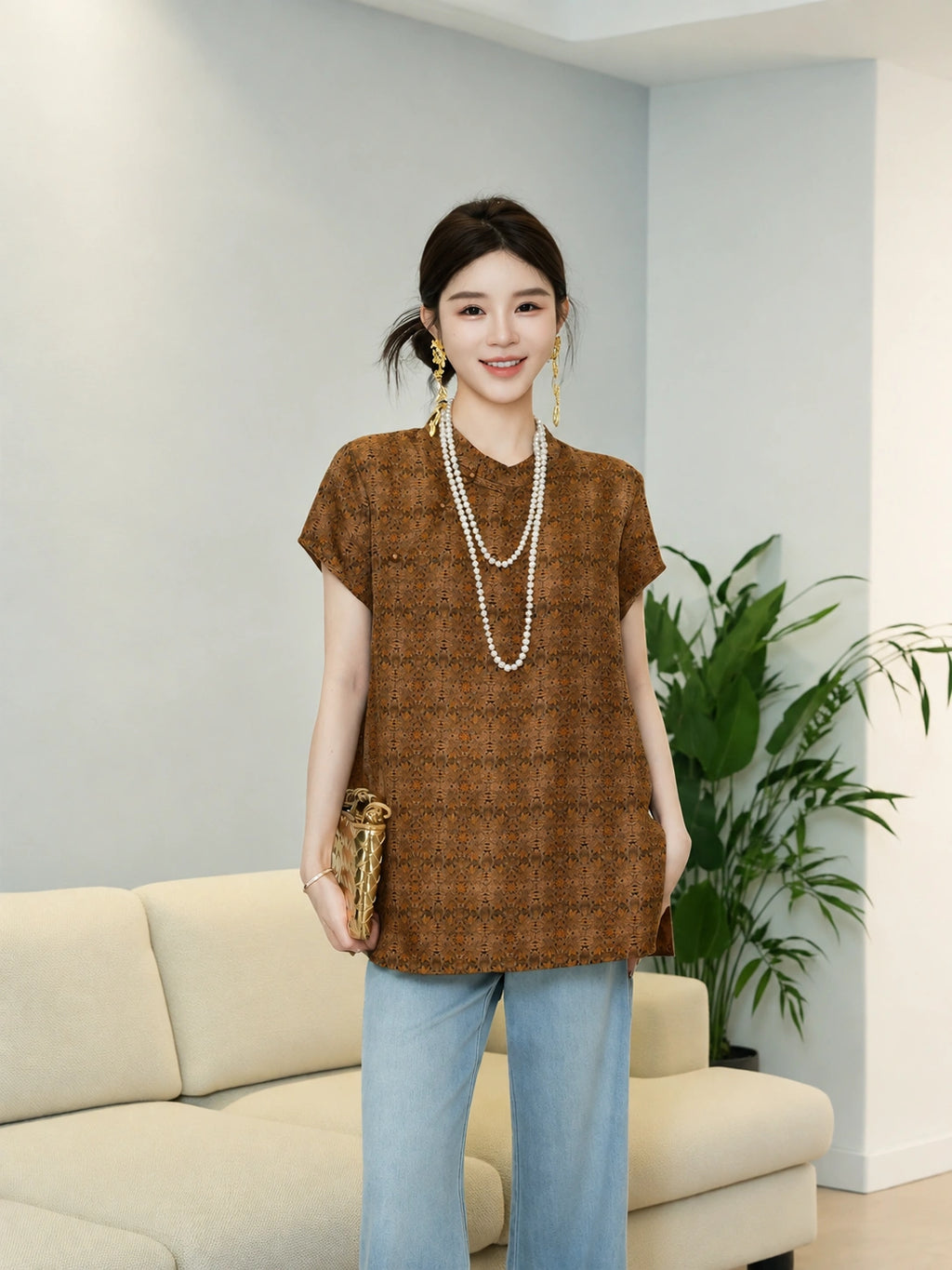 Model styling a relaxed brown mulberry silk top with light blue jeans