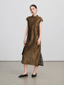 Upper-body view of the bronze-brown qipao with a stand collar and diagonal frog-button detail