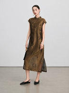 Upper-body view of the bronze-brown qipao with a stand collar and diagonal frog-button detail