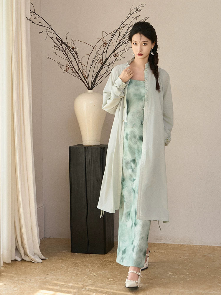 Full-length view of the Celadon Mist long sun protection jacket by Gambiered Silk.