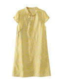 Gambiered Silk champagne-gold mulberry silk dress with tonal floral jacquard and a Mandarin collar.